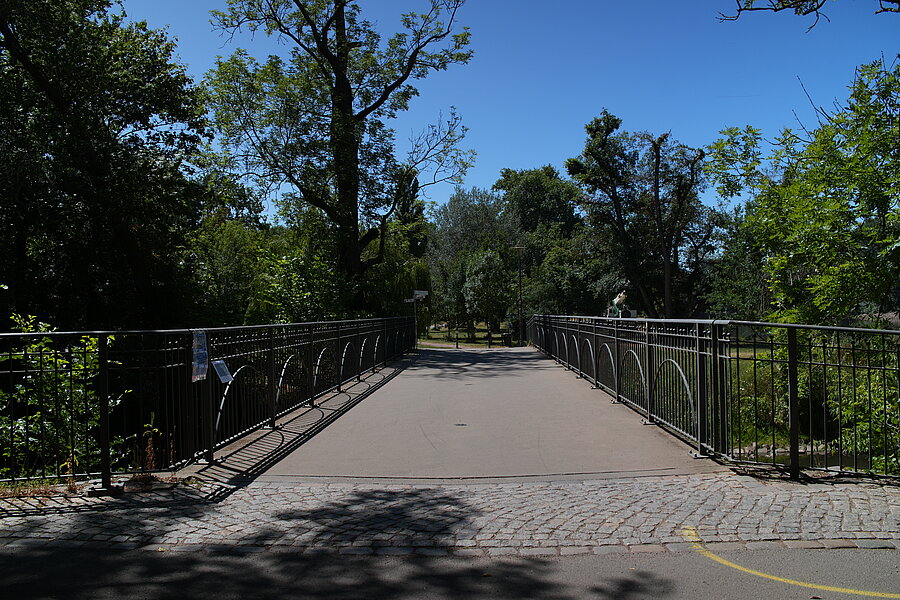 Mühlgrabenbrücke, Halle, Seitenansicht, Reling aus Metall, Ufer, Fluss, Bäume, Überweg