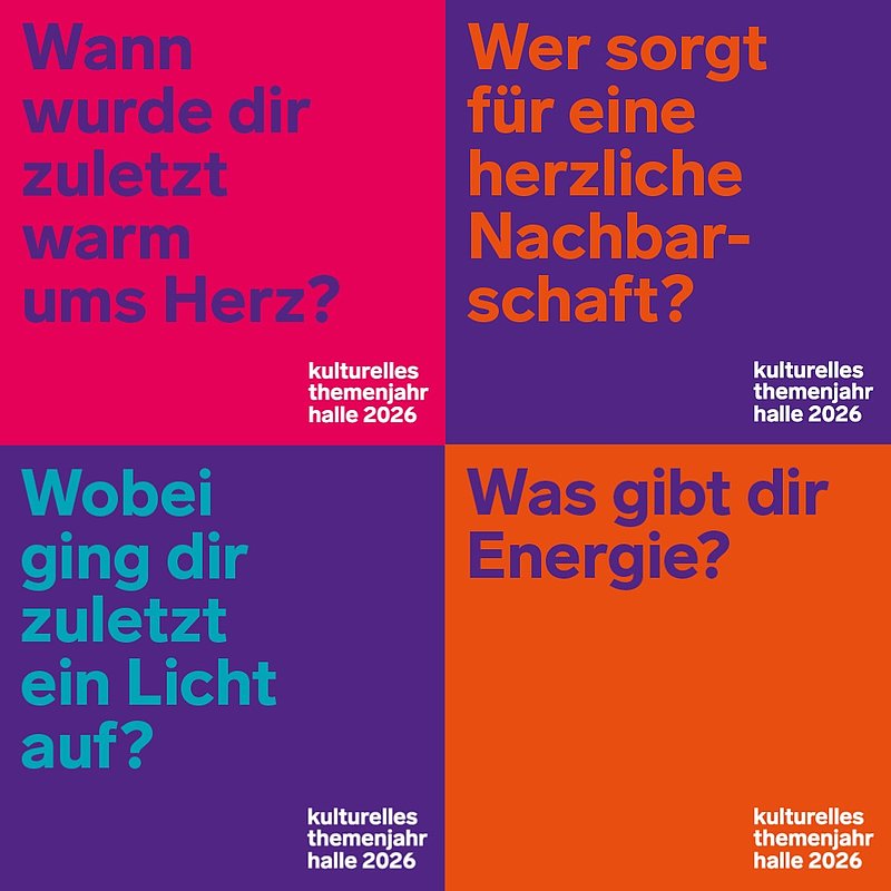 vier Fragen auf buntem Hintergrund: Was gibt Ihnen Energie? Wer sorgt in Ihrer Nachbarschaft für Herzlichkeit? Wann wurde Ihnen zuletzt warm ums Herz? Und wobei ist Ihnen zuletzt ein Licht aufgegangen?